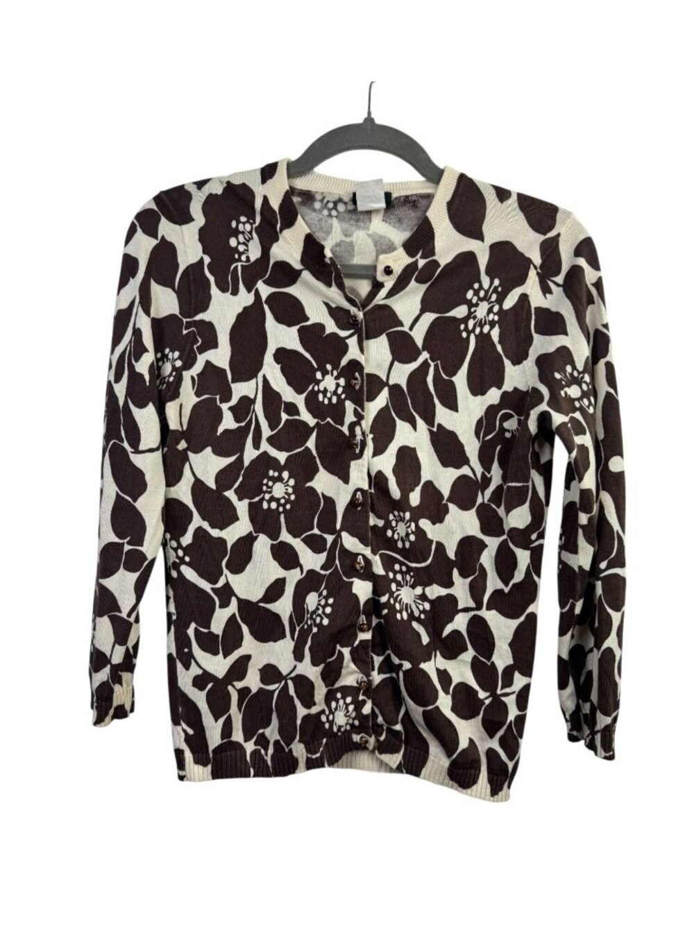 J.Crew Womens Brown Cream Floral Knit Cardigan Sweater Medium 100% Cotton Button